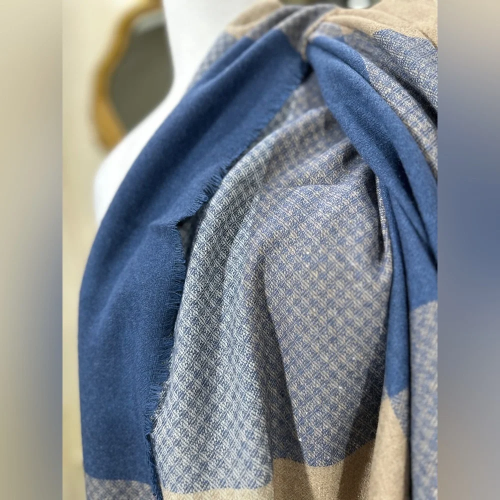 Vintage JC Penney Italian Plaid Wrap Scarf‎ Shawl 51x51 Blue Beige Check